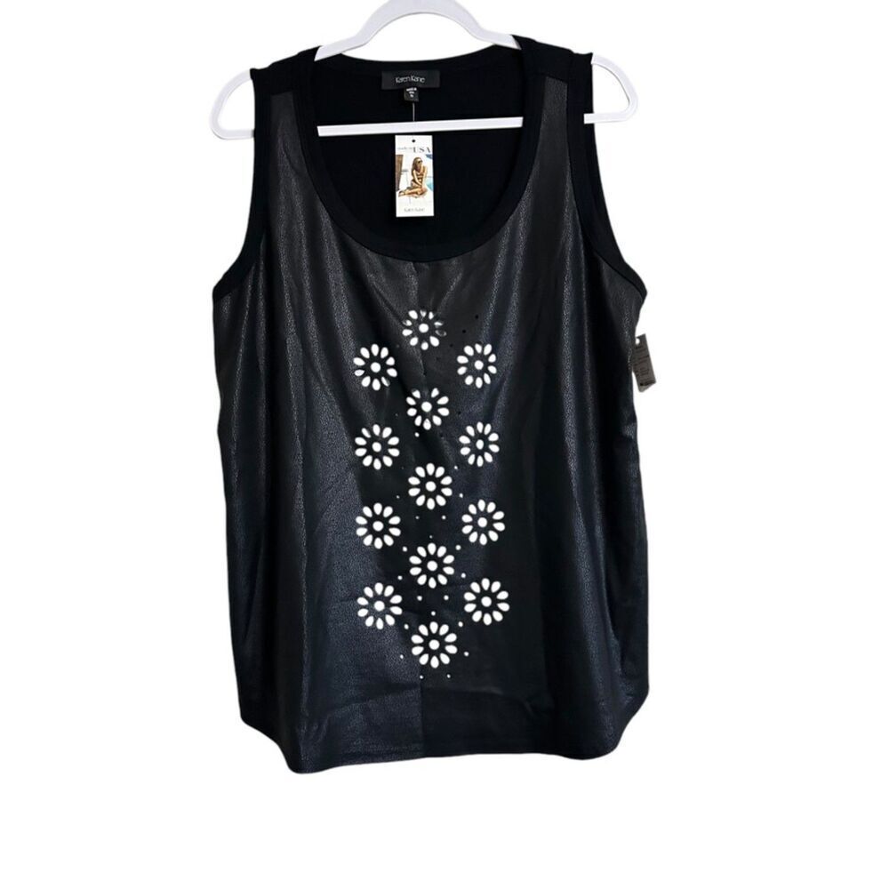 Karen Kane‎ Faux Leather Sleeveless Top Womens 1X Black White Floral 1L73515 NWT